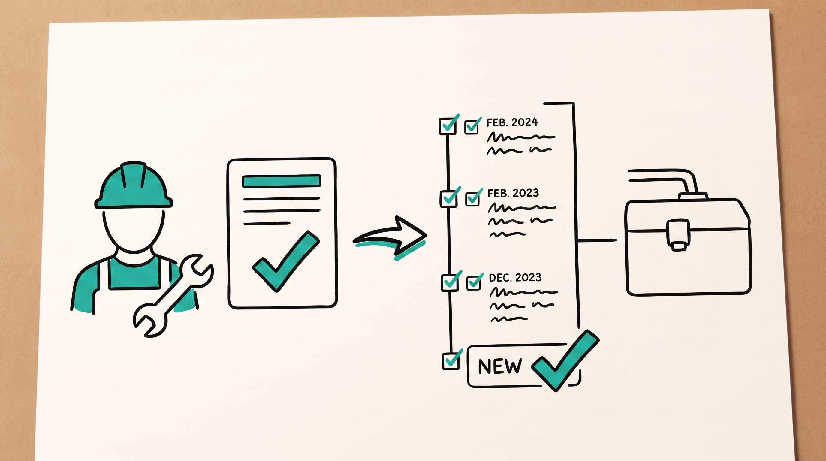 Whiteboard drawing of a completed repair flowing into service history