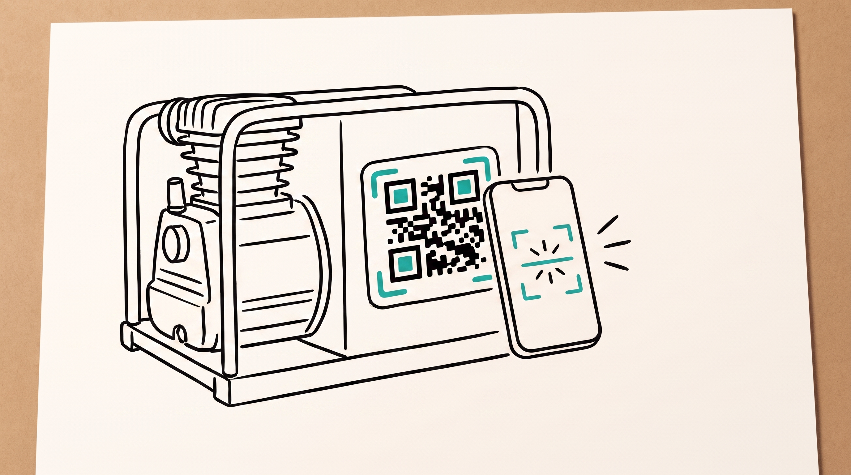 Whiteboard drawing of a phone scanning a QR sticker on commercial equipment